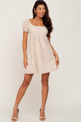 Light Brown Plaid Puff Sleeve Dress