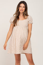 Light Brown Plaid Puff Sleeve Maternity Dress