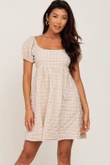 Light Brown Plaid Puff Sleeve Dress