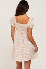 Light Brown Plaid Puff Sleeve Dress