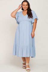 Light Blue Smocked Ruffle Maternity Plus Dress