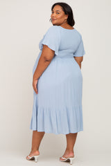 Light Blue Smocked Ruffle Maternity Plus Dress