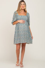 Blue Floral Pleated Puff Sleeve Maternity Dress