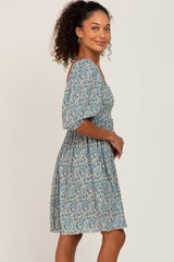 Blue Floral Pleated Puff Sleeve Dress