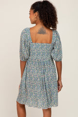 Blue Floral Pleated Puff Sleeve Dress