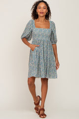 Blue Floral Pleated Puff Sleeve Dress