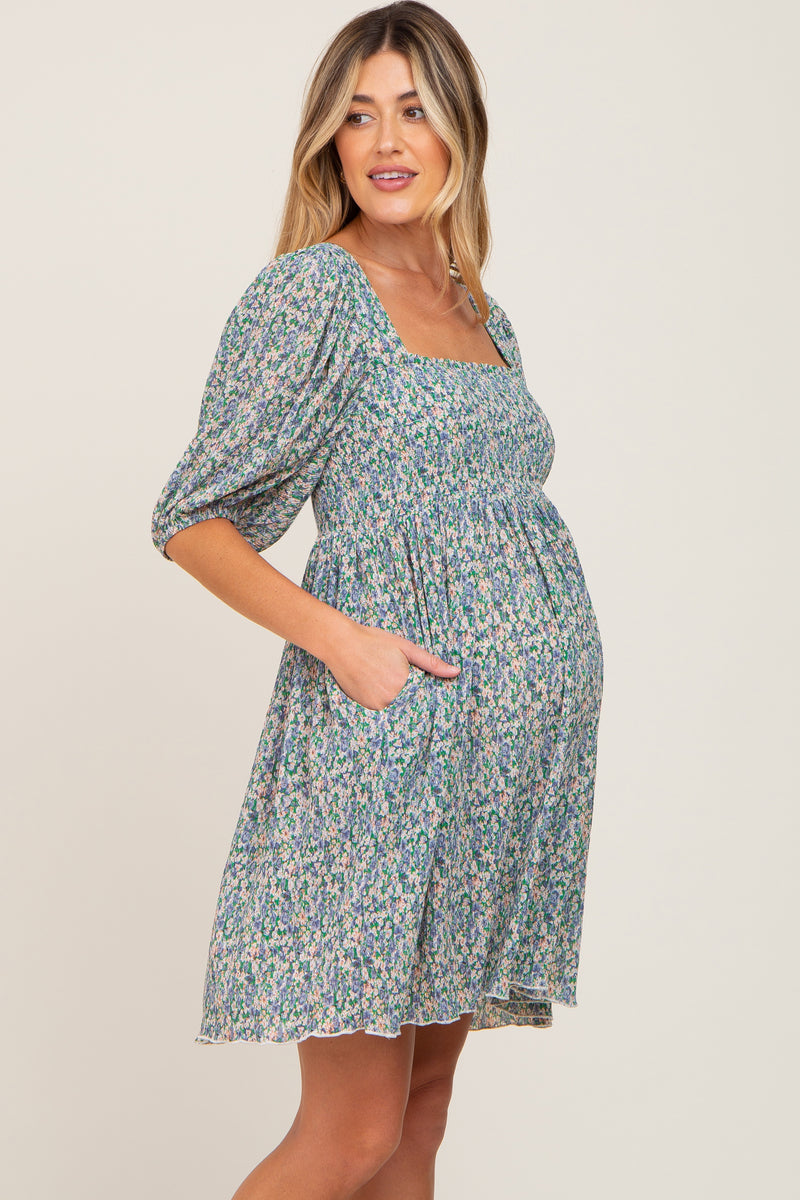 Blue Floral Pleated Puff Sleeve Maternity Dress – PinkBlush