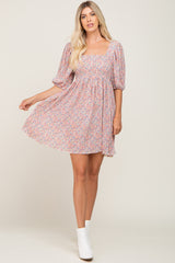 Pink Floral Pleated Puff Sleeve Dress