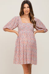 Pink Floral Pleated Puff Sleeve Maternity Dress