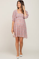 Pink Floral Pleated Puff Sleeve Maternity Dress