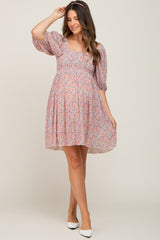 Pink Floral Pleated Puff Sleeve Maternity Dress