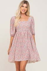 Pink Floral Pleated Puff Sleeve Maternity Dress