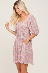 Pink Floral Pleated Puff Sleeve Dress