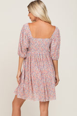 Pink Floral Pleated Puff Sleeve Dress