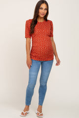 Rust Floral Ruched Puff Sleeve Ribbed Maternity Top