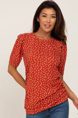 Rust Floral Ruched Puff Sleeve Ribbed Top