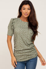 Olive Floral Ruched Puff Sleeve Ribbed Top