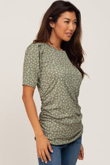 Olive Floral Ruched Puff Sleeve Ribbed Top