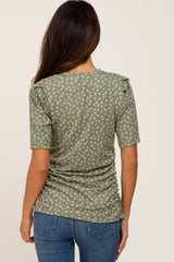 Olive Floral Ruched Puff Sleeve Ribbed Top