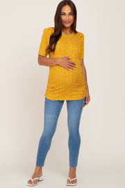 Yellow Floral Ruched Puff Sleeve Ribbed Maternity Top