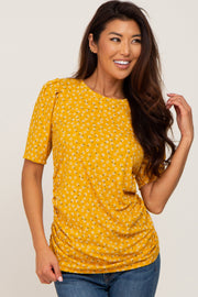 Yellow Floral Ruched Puff Sleeve Ribbed Top