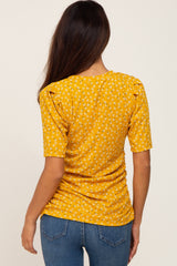 Yellow Floral Ruched Puff Sleeve Ribbed Top