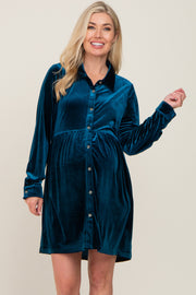 Dark Teal Velvet Button Down Maternity Mini Dress