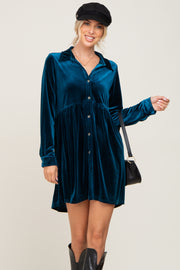 Dark Teal Velvet Button Down Mini Dress