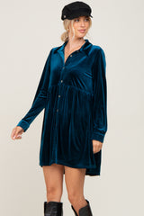 Dark Teal Velvet Button Down Mini Dress