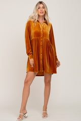 Dark Yellow Velvet Button Down Mini Dress