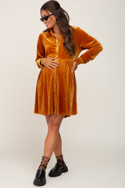 Dark Yellow Velvet Button Down Maternity Mini Dress