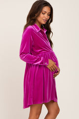 Magenta Velvet Button Down Maternity Mini Dress