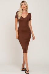 Brown Basic Ribbed Maternity Fitted Midi Dress