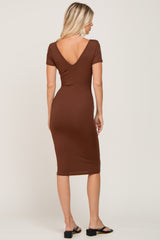 Brown Basic Ribbed Fitted Midi Dress