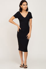 Black Basic Ribbed Fitted Midi Dress