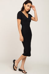 Black Basic Ribbed Fitted Midi Dress