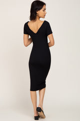 Black Basic Ribbed Fitted Midi Dress