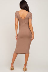 Taupe Basic Ribbed Maternity Fitted Midi Dress