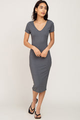 Charcoal Basic Ribbed Maternity Fitted Midi Dress