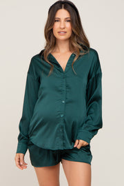 Forest Green Button Up and Short Satin Maternity Set