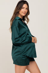 Forest Green Button Up and Short Satin Maternity Set