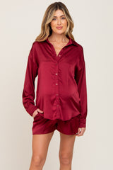 Burgundy Button Up and Short Satin Maternity Set