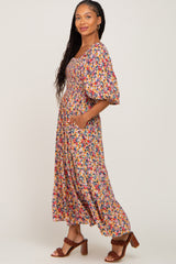 Multi-Colored Floral Lace-Up Back Maxi Dress