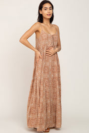 Camel Floral Tiered Front Tie Maxi Dress