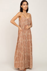 Camel Floral Tiered Front Tie Maternity Maxi Dress