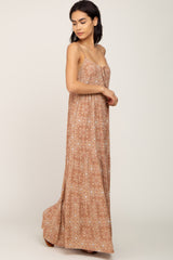 Camel Floral Tiered Front Tie Maxi Dress