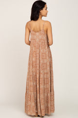 Camel Floral Tiered Front Tie Maxi Dress