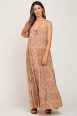 Camel Floral Tiered Front Tie Maternity Maxi Dress