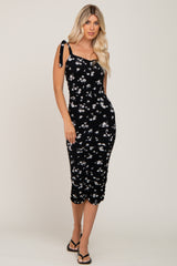 Black Floral Sleeveless Ruched Midi Dress