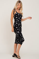 Black Floral Sleeveless Ruched Midi Dress